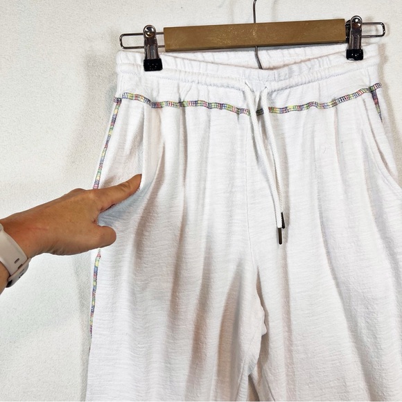 Self Contrast White Cotton Jogger Loungewear Set Sze M Colorful Embroidered Seam - Picture 8 of 13